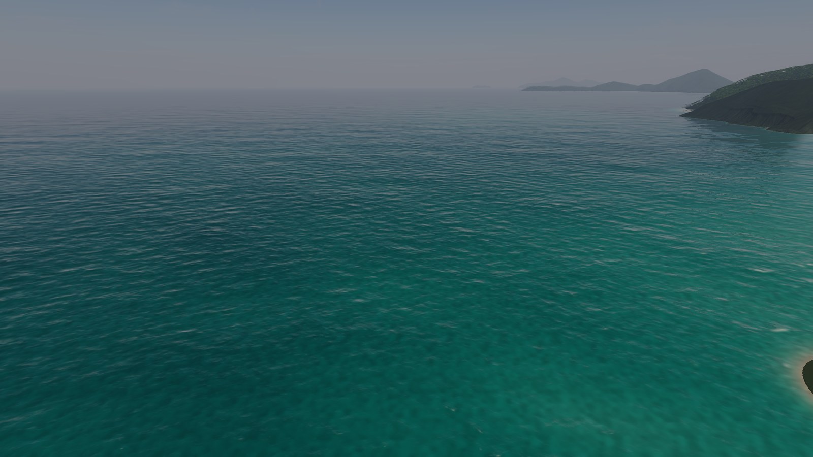 Ubatuba coast from 100 m at noon, humid haze softening the far shoreline