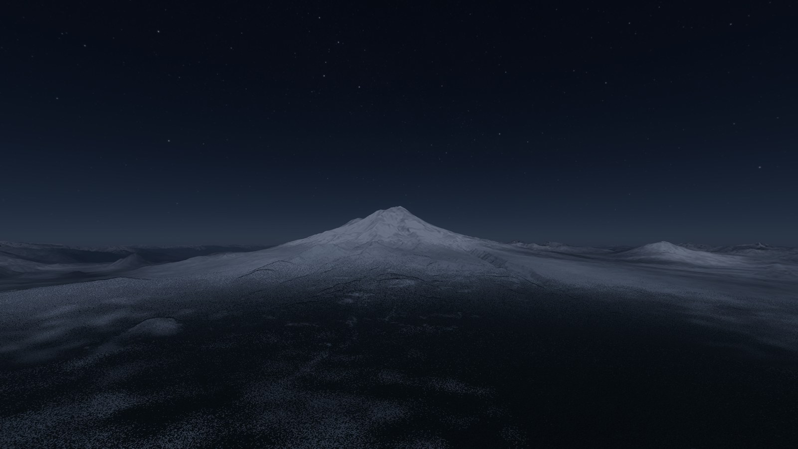 Mount Shasta under a full moon at midnight, stars overhead