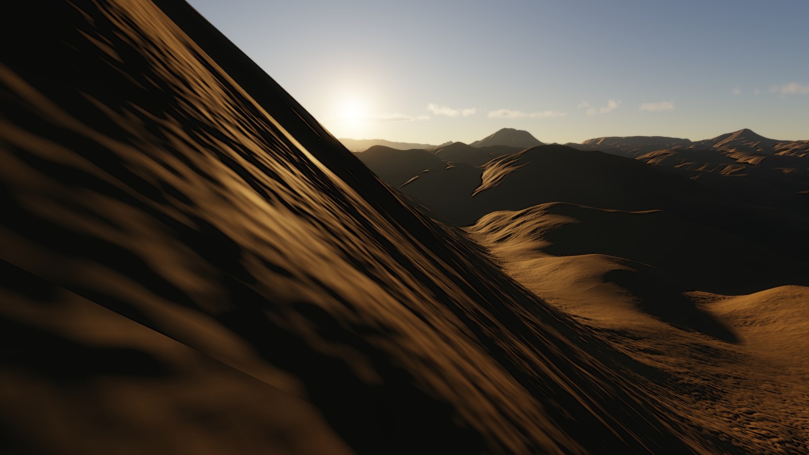 A rocky slope at eye height, golden hour, from the same renderer