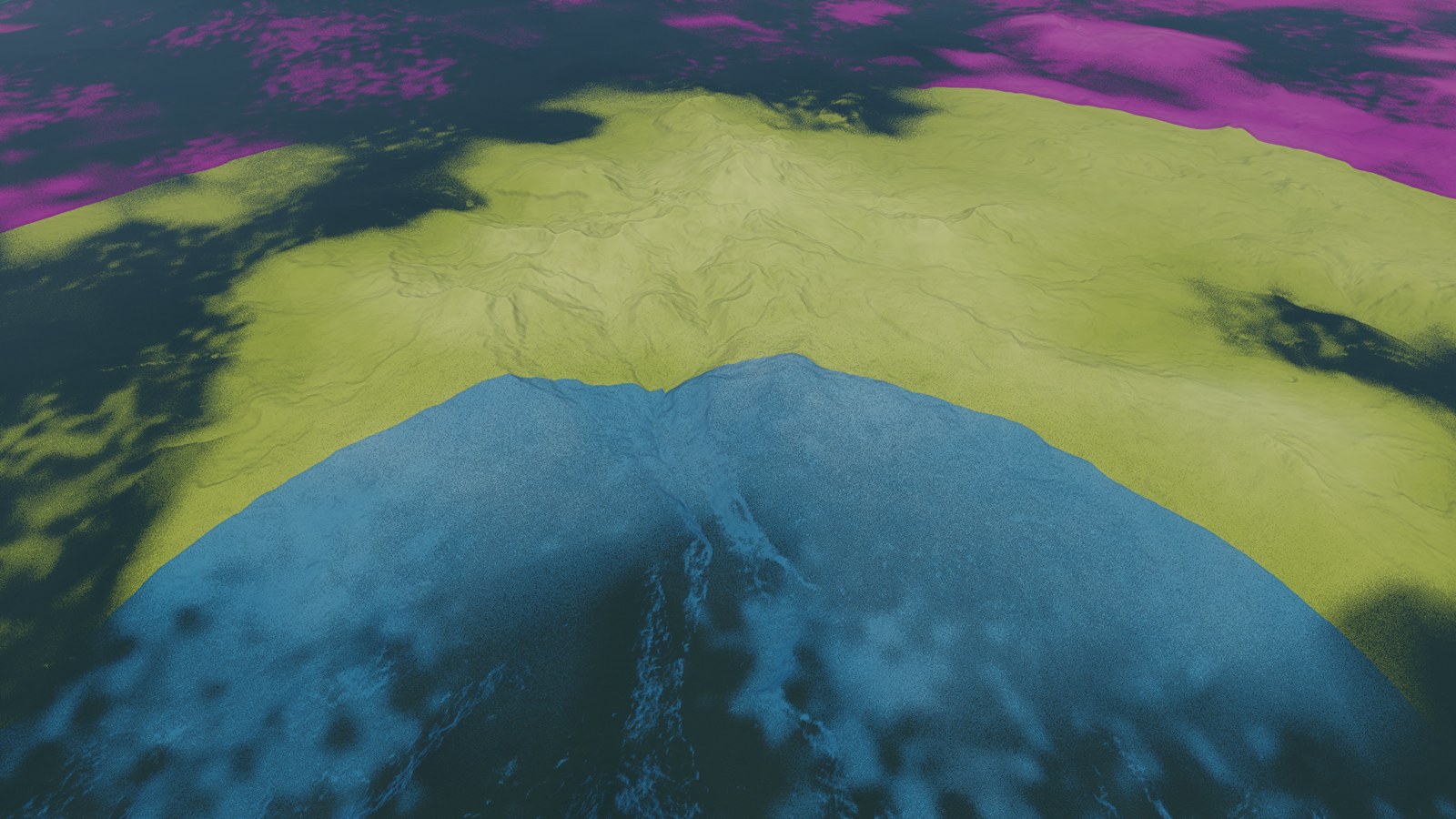 Terrain coloured by resident tile level, from 10 km over Lassen Peak