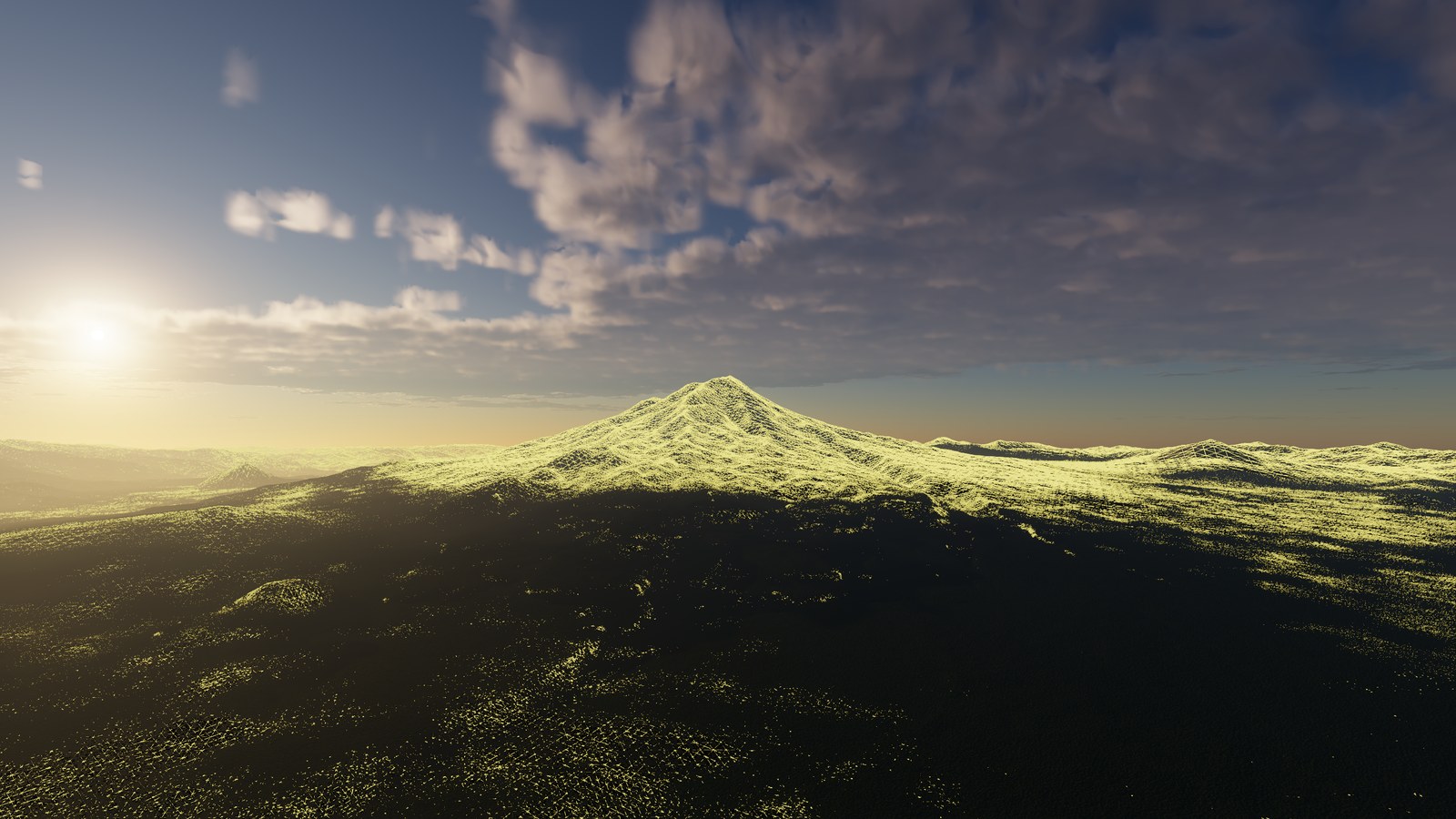 The terrain mesh drawn as wireframe over the shaded image, near Mount Shasta